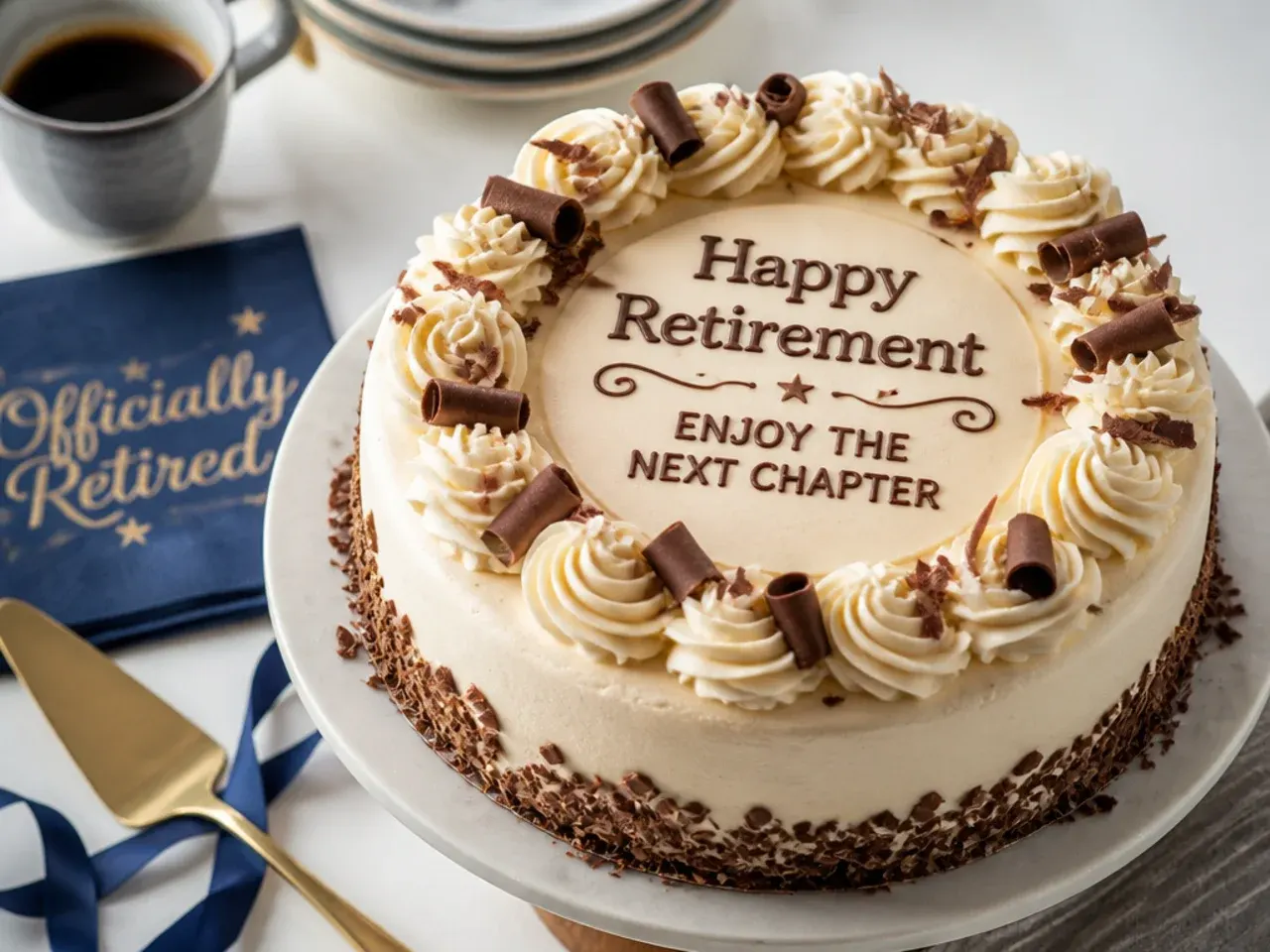 Single-layer round cake with simple buttercream finish and a shop-bought Happy Retirement topper