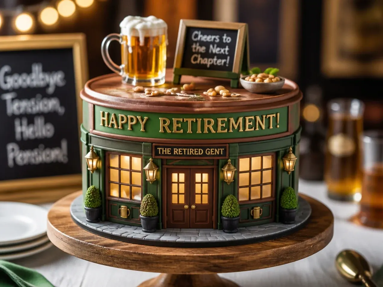 Beer glass shaped retirement cake with amber buttercream and a white foam-effect top edge
