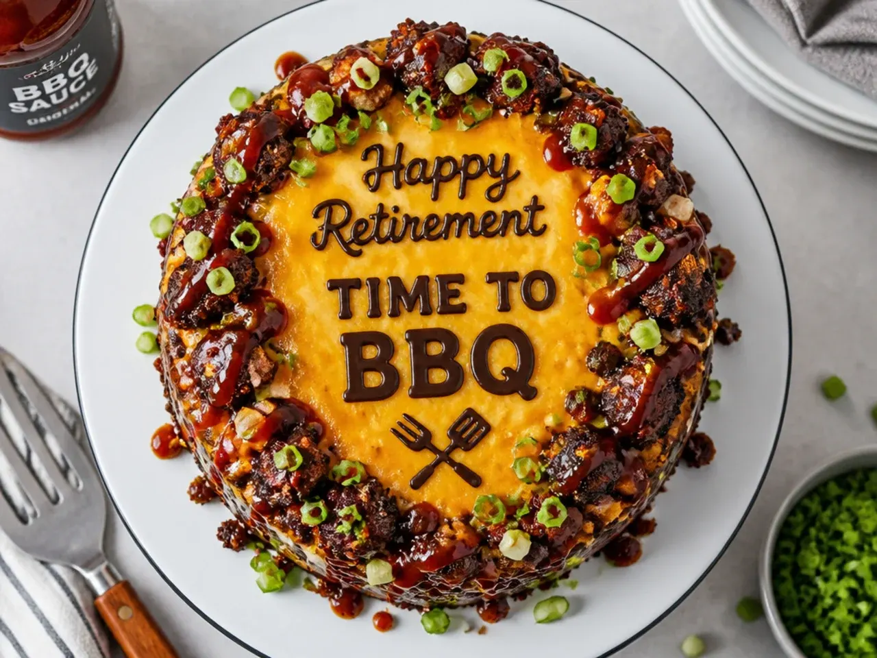 Retirement cake decorated to look like a barbecue grill with fondant burgers and sausages on top