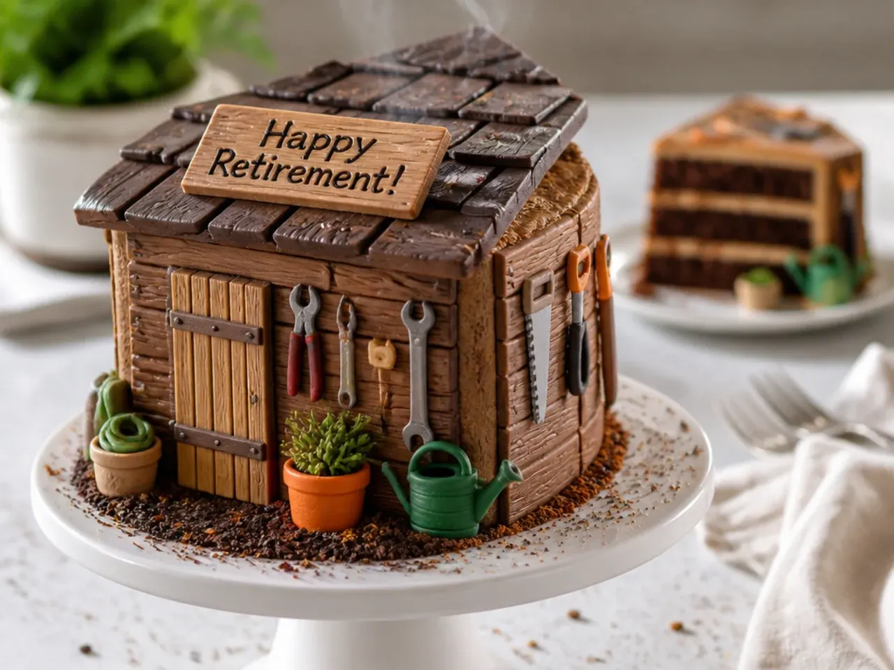 Wood-grain textured chocolate cake topped with fondant hammer, spanner and saw shapes