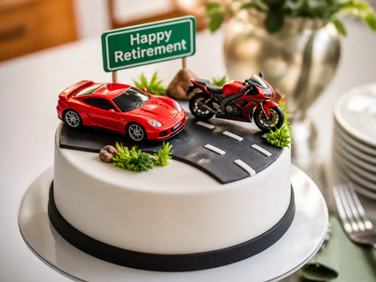 Car-themed retirement cake with a checkered flag border and a fondant number plate topper