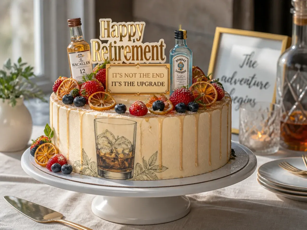 Cake decorated with a fondant whisky bottle replica and creamy whisky-infused buttercream