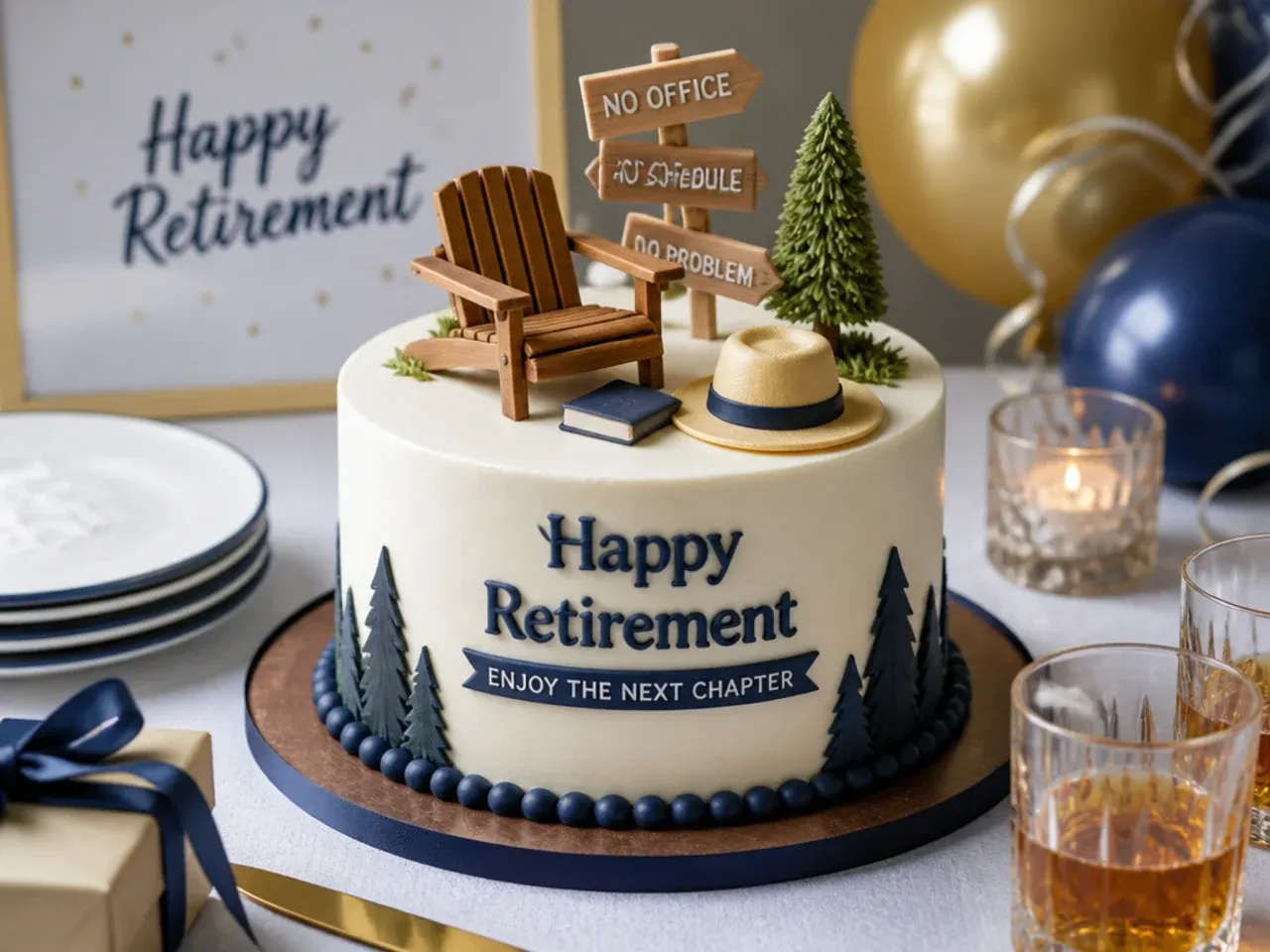 Slice of retirement cake served on a plate with a cup of coffee alongside