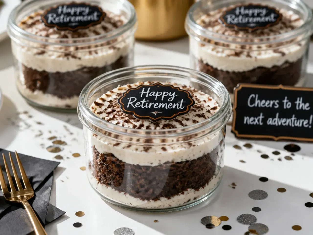 Decorated retirement cake stored under a cake dome next to airtight containers of leftover slices