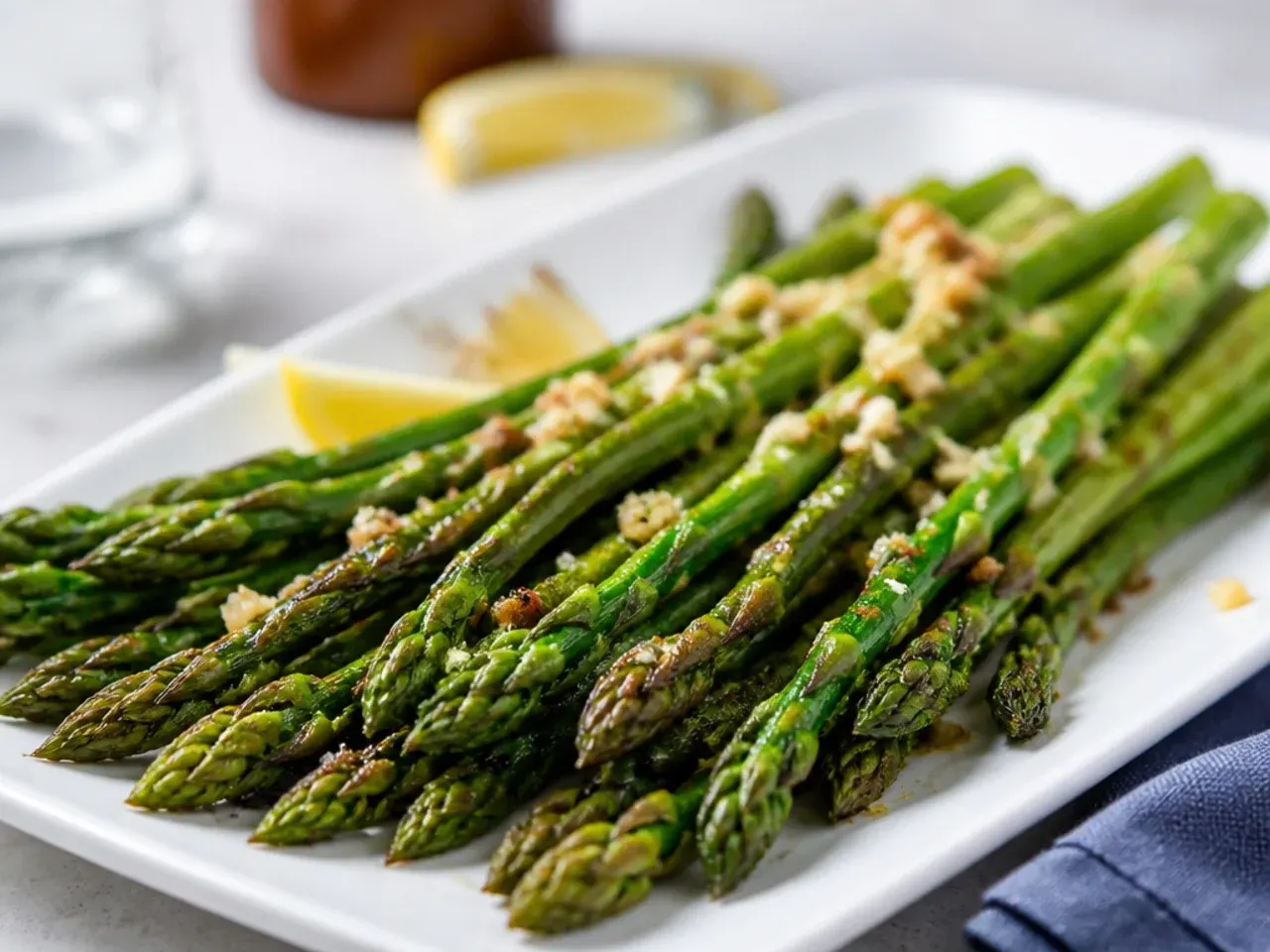 Bunch of fresh asparagus spears and roasting ingredients laid out on a kitchen counter