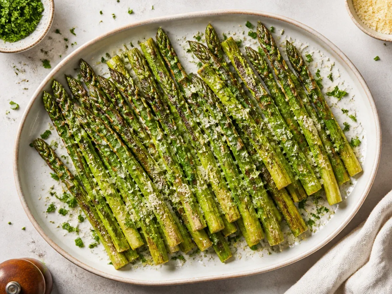 Roasted asparagus spears topped with melted Parmesan and minced garlic on a baking tray