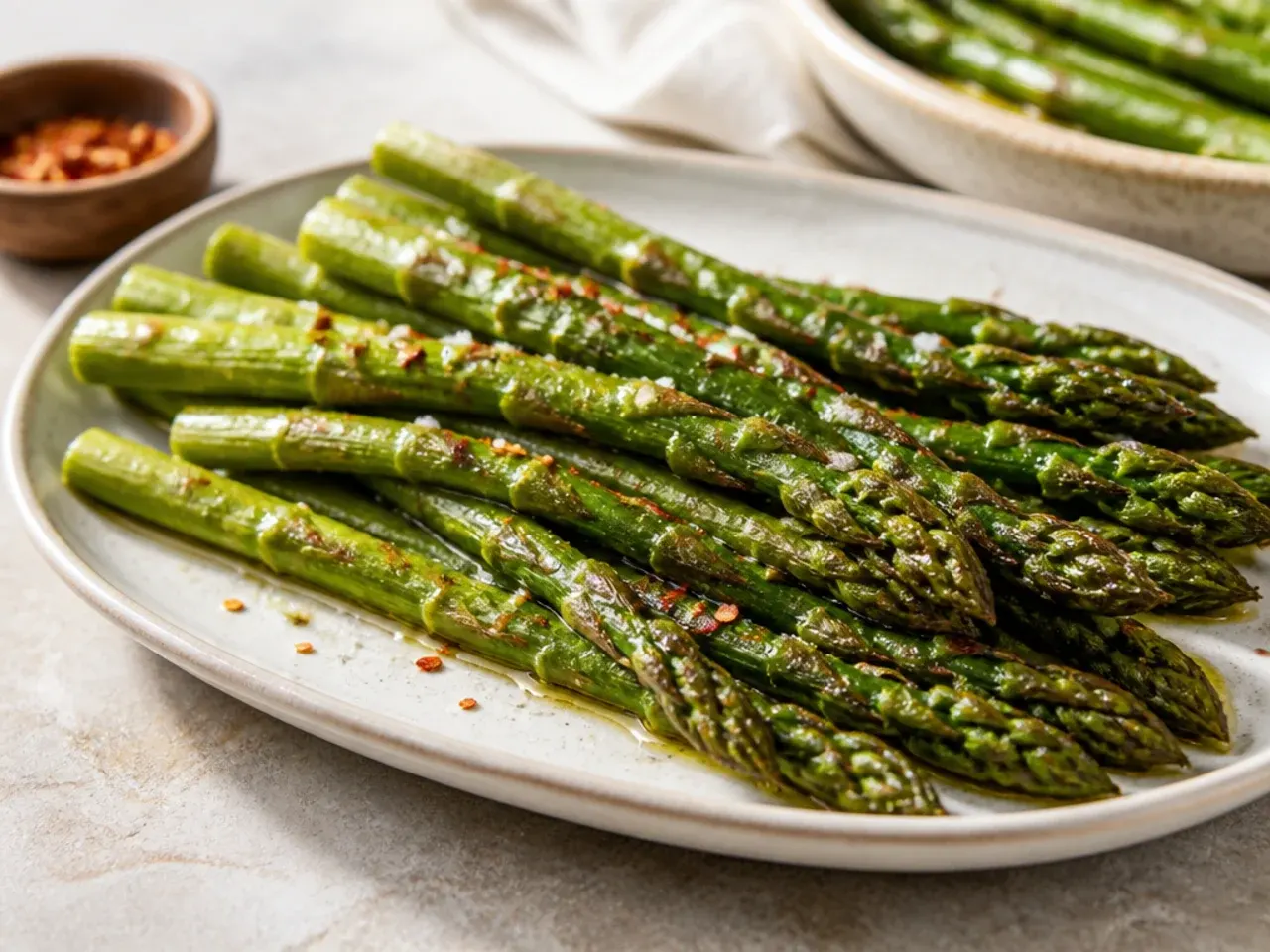 Simple roasted asparagus spears sprinkled with flaky sea salt on a sheet pan