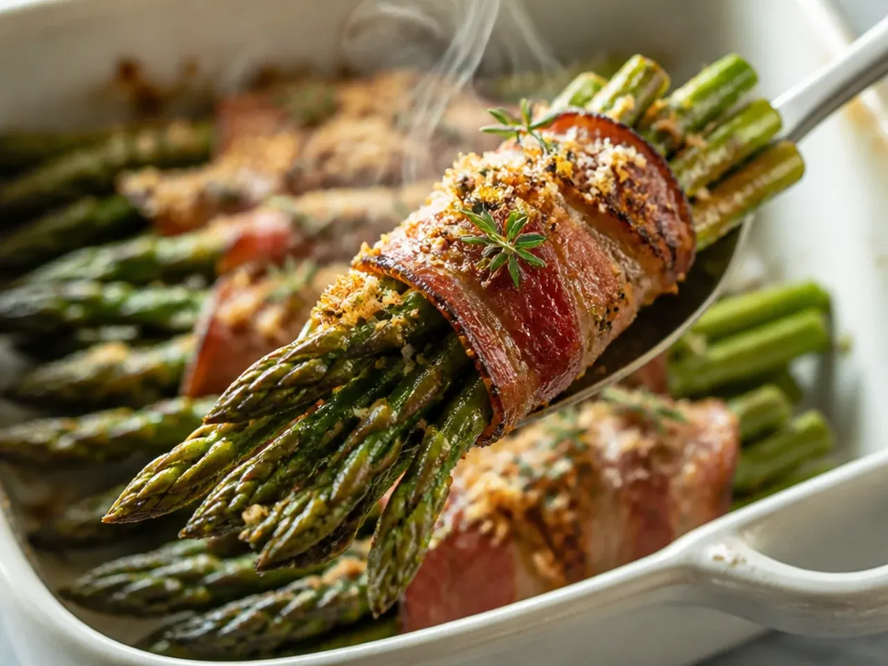 Bacon-wrapped asparagus bundles roasted golden and crisp on a baking sheet