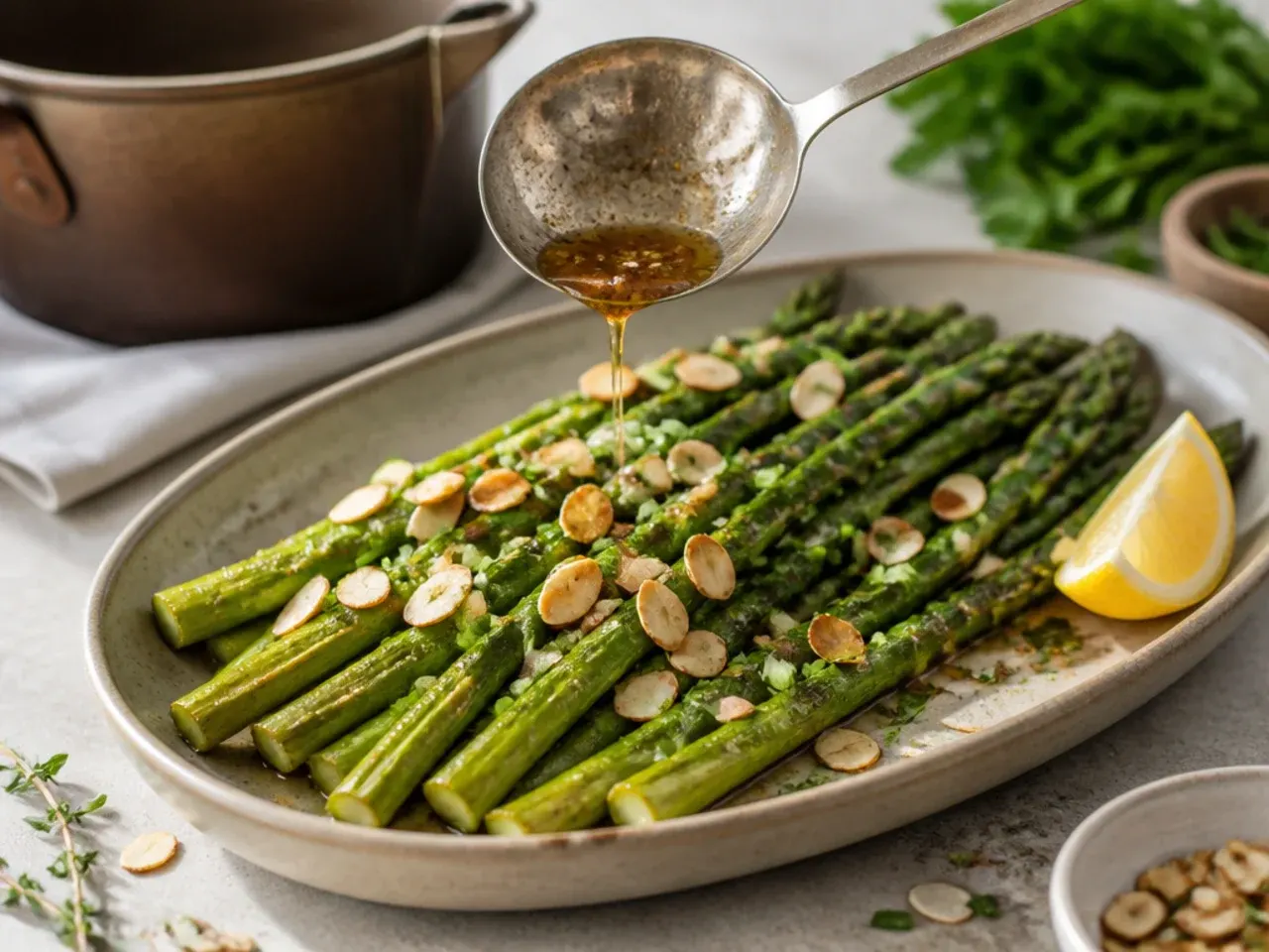 Roasted asparagus drizzled with brown butter and scattered with toasted almonds
