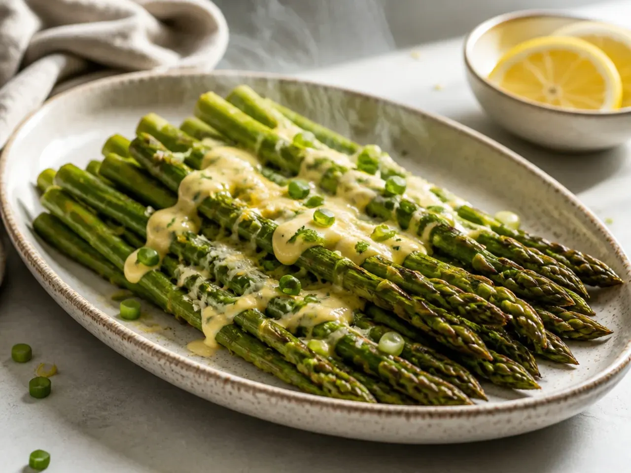 Roasted asparagus spears drizzled with creamy lemon aioli on a white plate