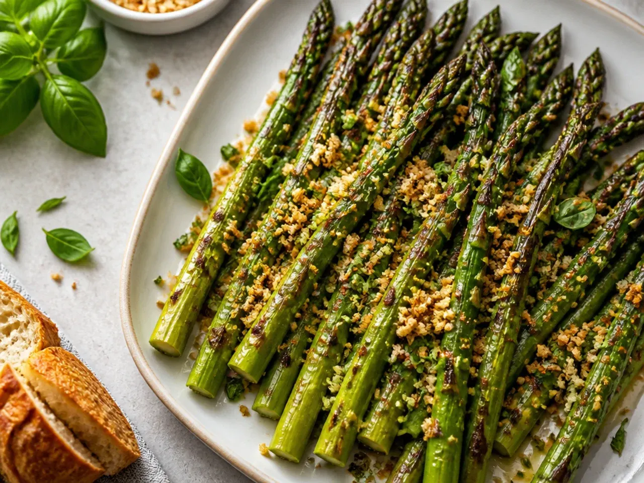 Plain roasted asparagus spears with cracked black pepper on a baking tray