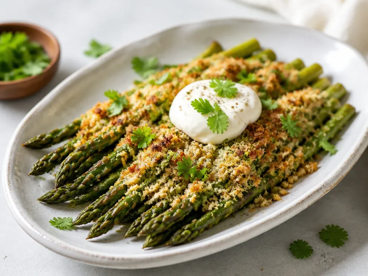 Crispy panko and Parmesan crusted asparagus spears on a cooling rack
