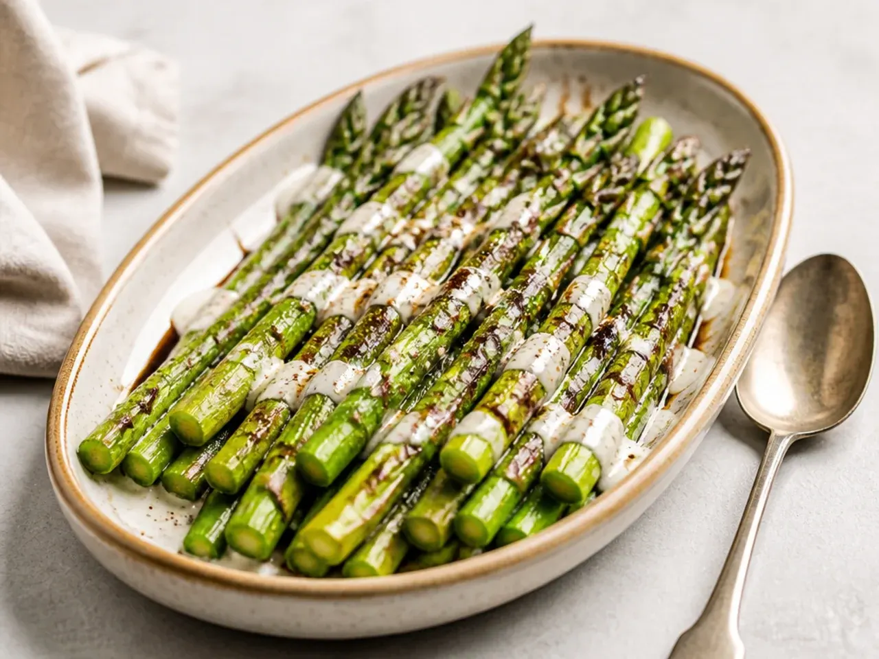Roasted asparagus spears glazed with dark balsamic reduction on a serving plate