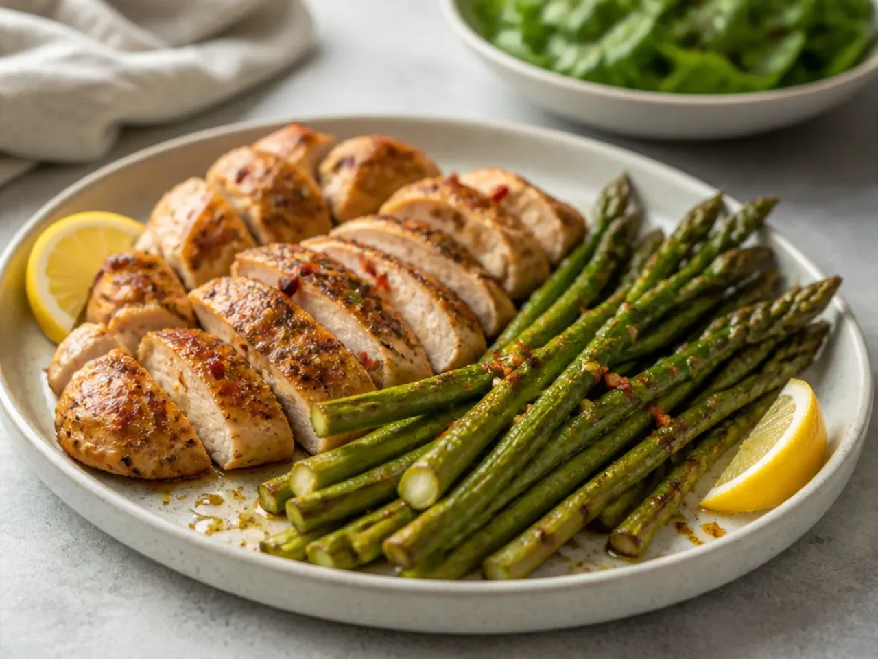 Sheet pan with roasted chicken thighs and asparagus spears fresh from the oven