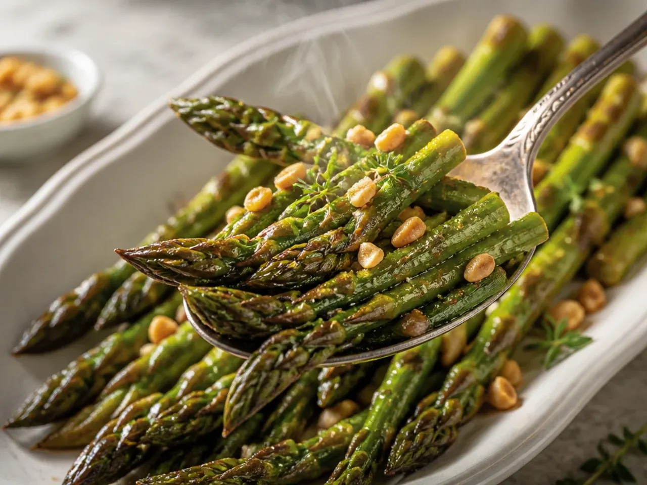 Roasted asparagus scattered with toasted pine nuts and fresh parsley