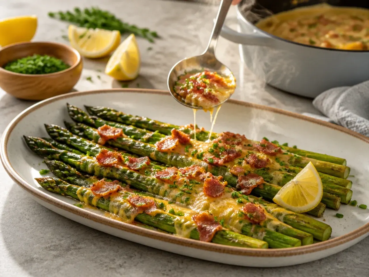Loaded roasted asparagus topped with melted cheddar, bacon bits and chives