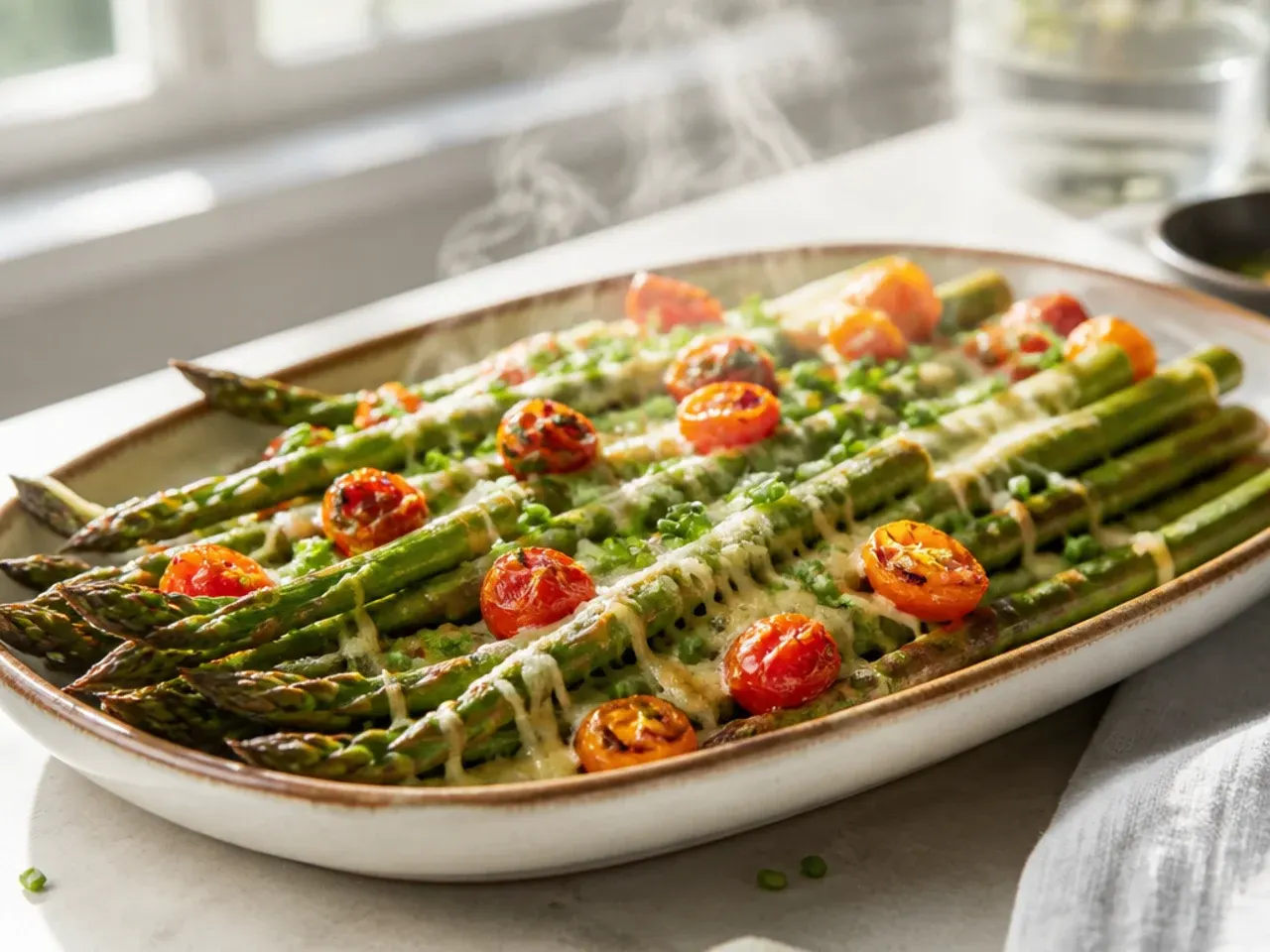 Roasted asparagus and burst cherry tomatoes together on a large serving tray