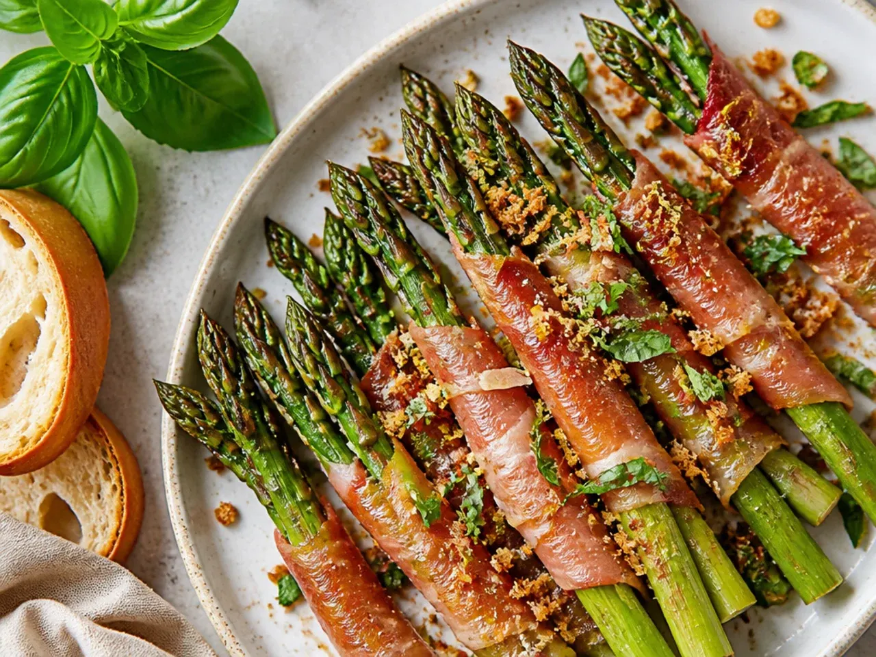 Individual asparagus spears wrapped in crisp prosciutto on a platter