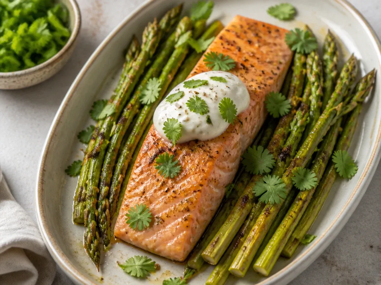 Sheet pan with roasted salmon fillets and asparagus spears