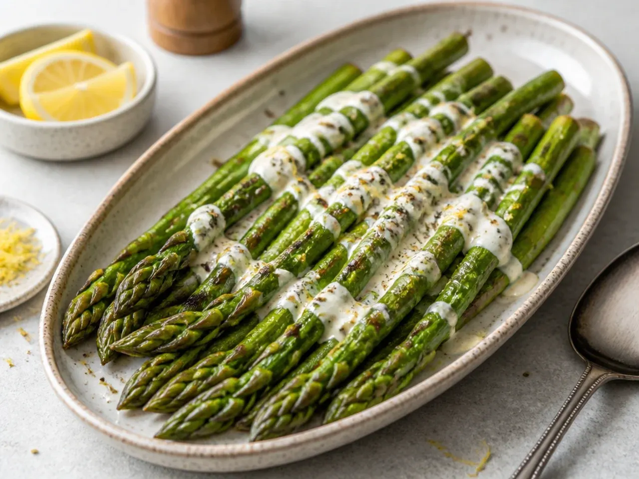 Roasted asparagus spears topped with fresh lemon zest and cracked pepper