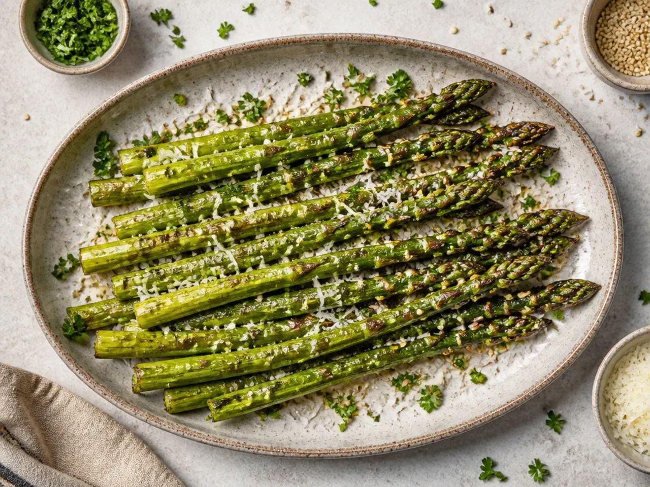 Roasted asparagus sprinkled with toasted sesame seeds and a soy glaze