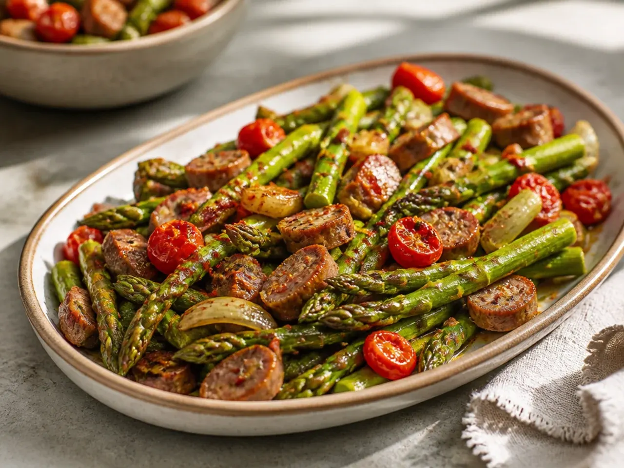 Traybake of roasted asparagus and sliced sausage with crusty bread on the side