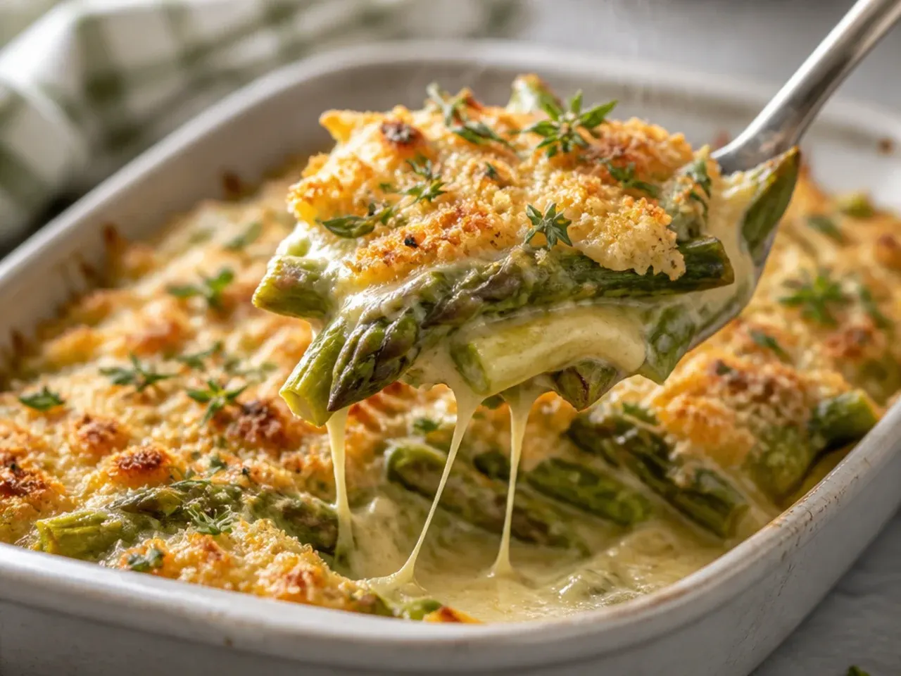 Bubbling asparagus gratin with golden Gruyère cheese in a baking dish