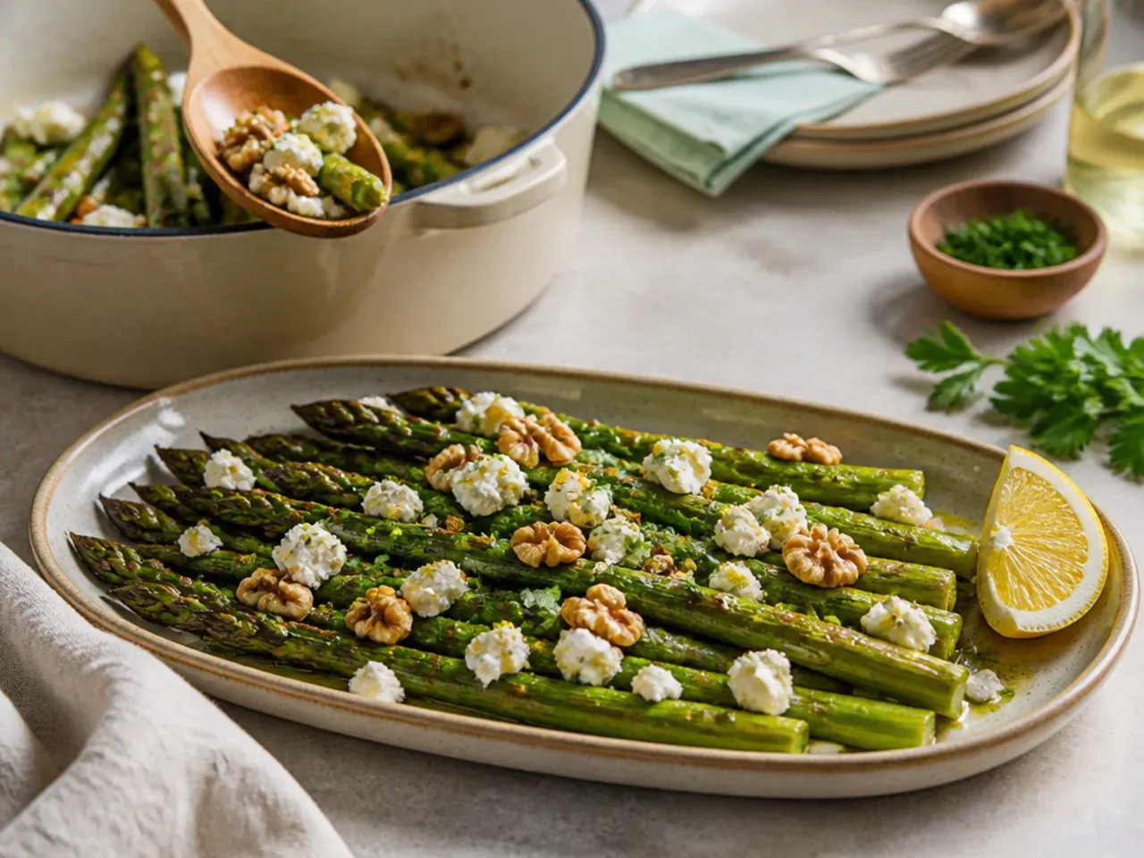 Roasted asparagus topped with creamy goat cheese, walnuts and a honey drizzle