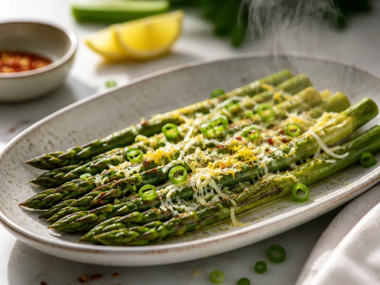 Roasted asparagus flecked with red chili flakes and bright lemon zest