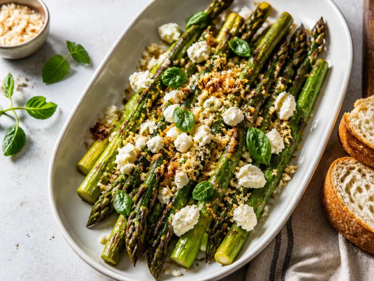 Roasted asparagus topped with crumbled feta and torn fresh mint leaves