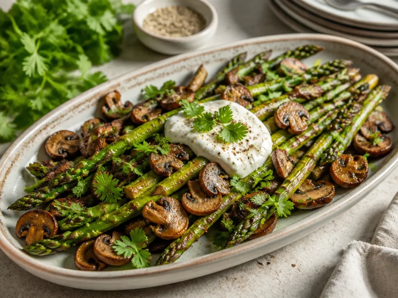 Roasted asparagus and chestnut mushrooms with fresh thyme on a baking tray