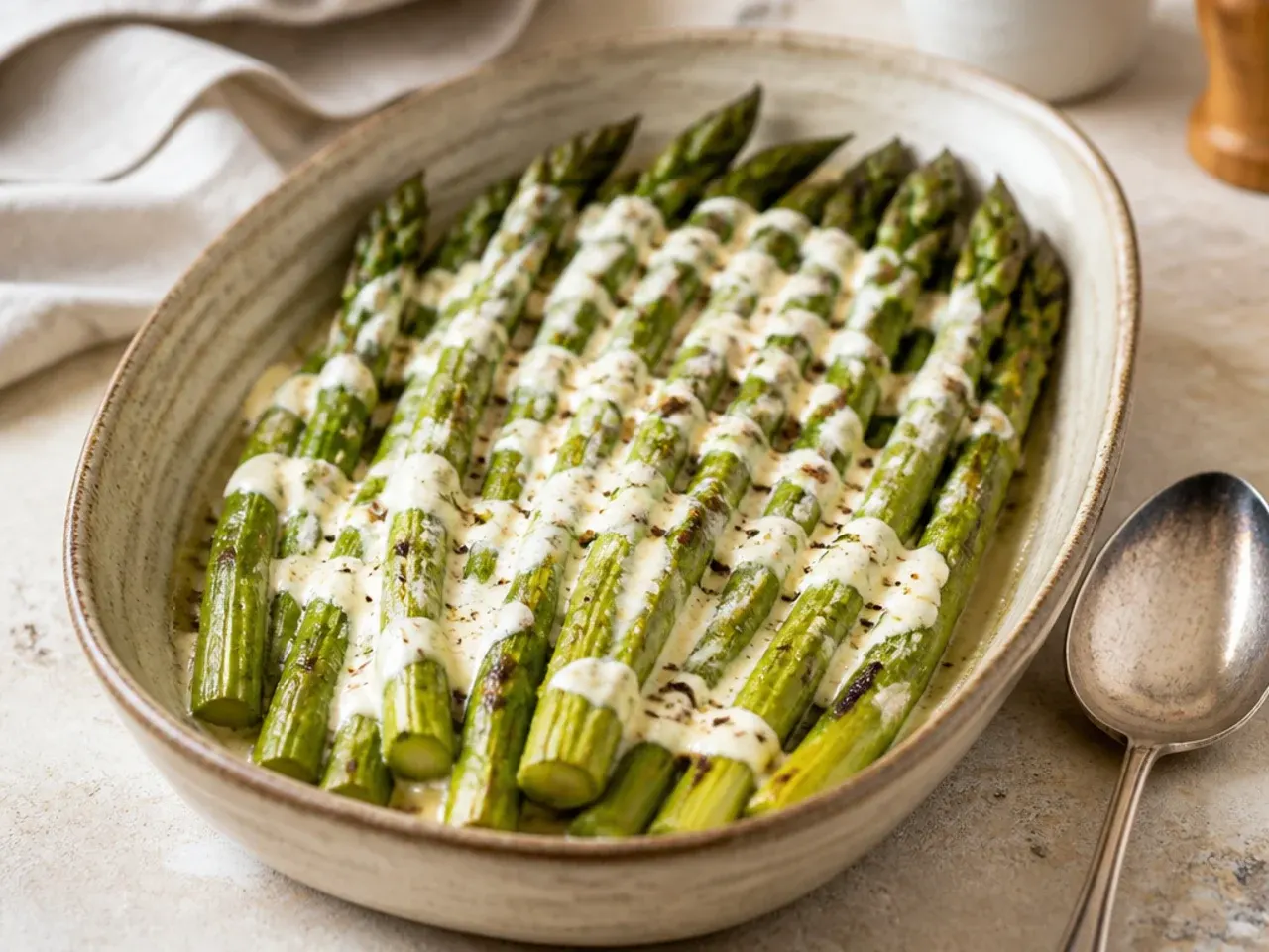 Roasted asparagus spears cooling on a tray before being frozen for later