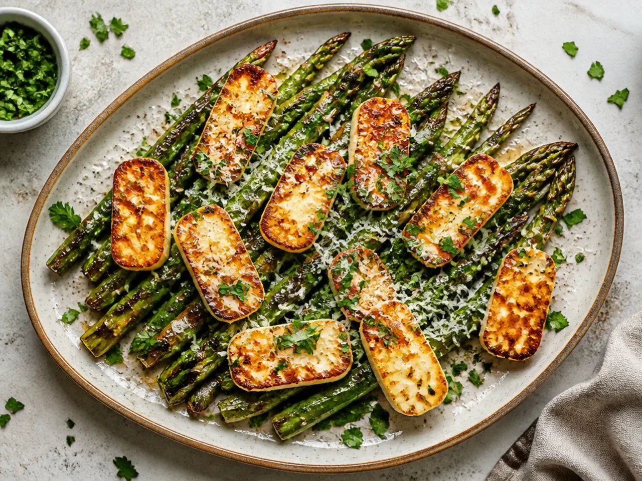 Roasted asparagus and golden halloumi slices together on a sheet pan