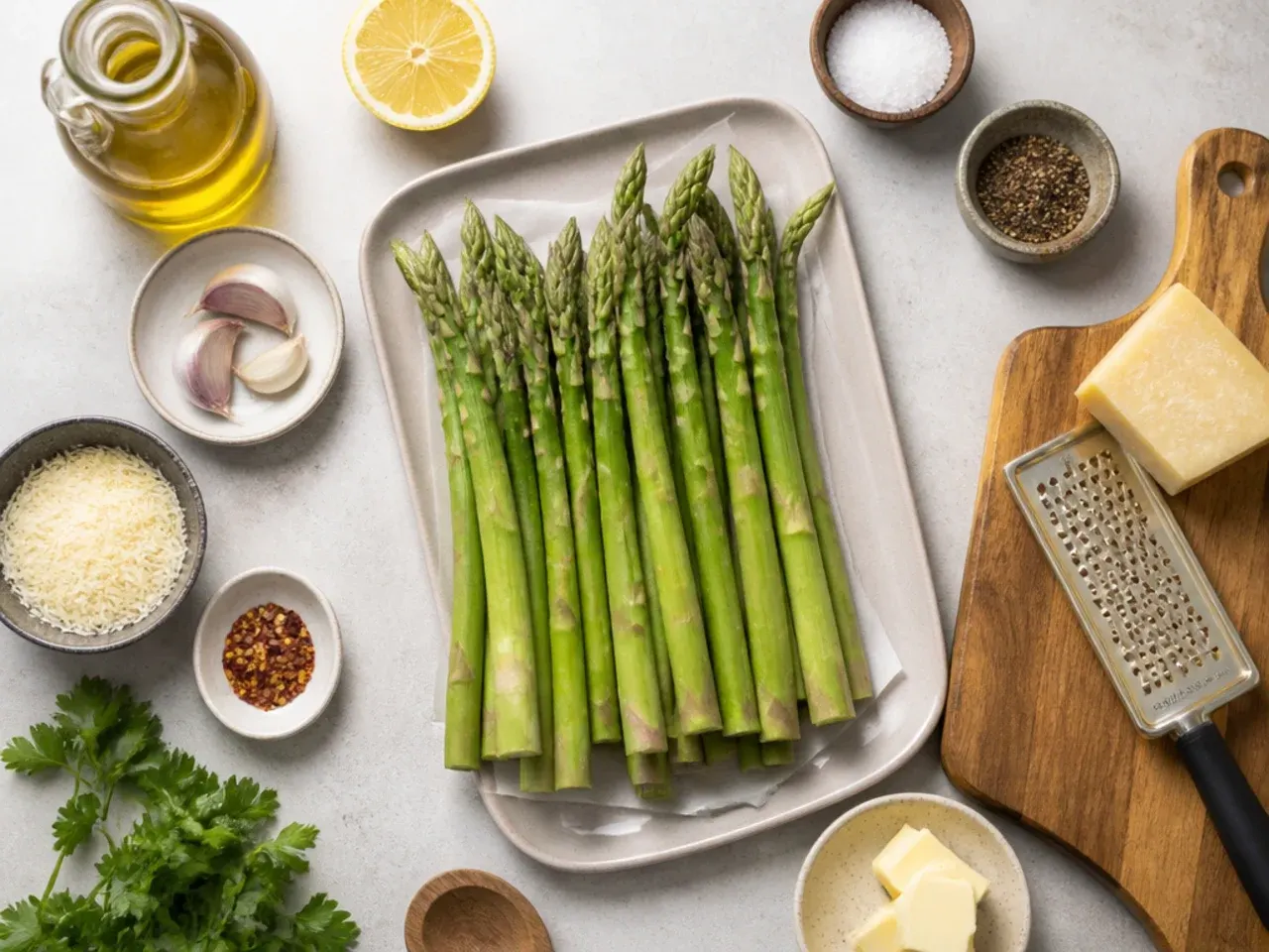 Hands snapping the woody end off a fresh asparagus spear over a chopping board