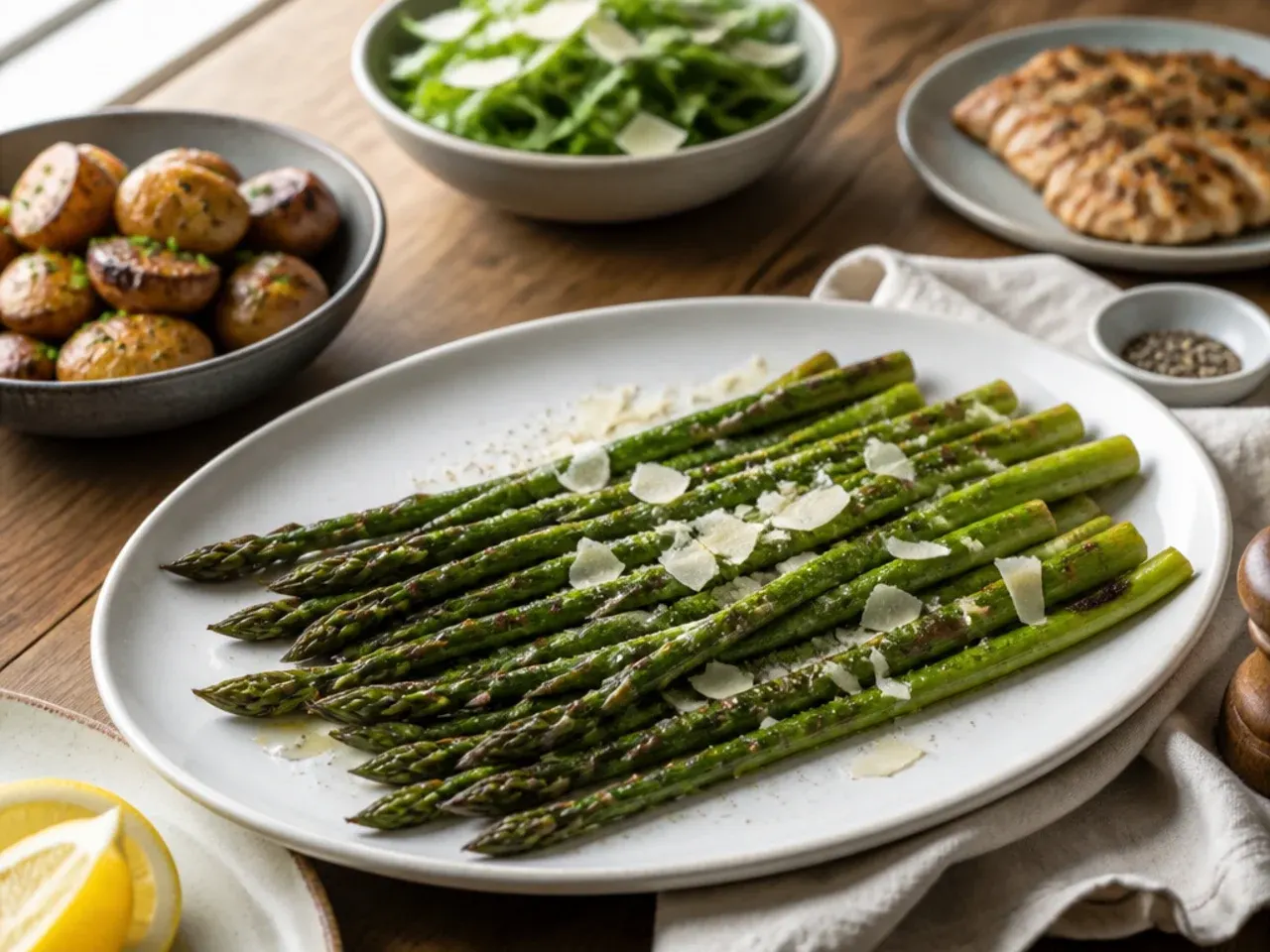 Roasted asparagus served alongside grilled steak and a poached egg on toast
