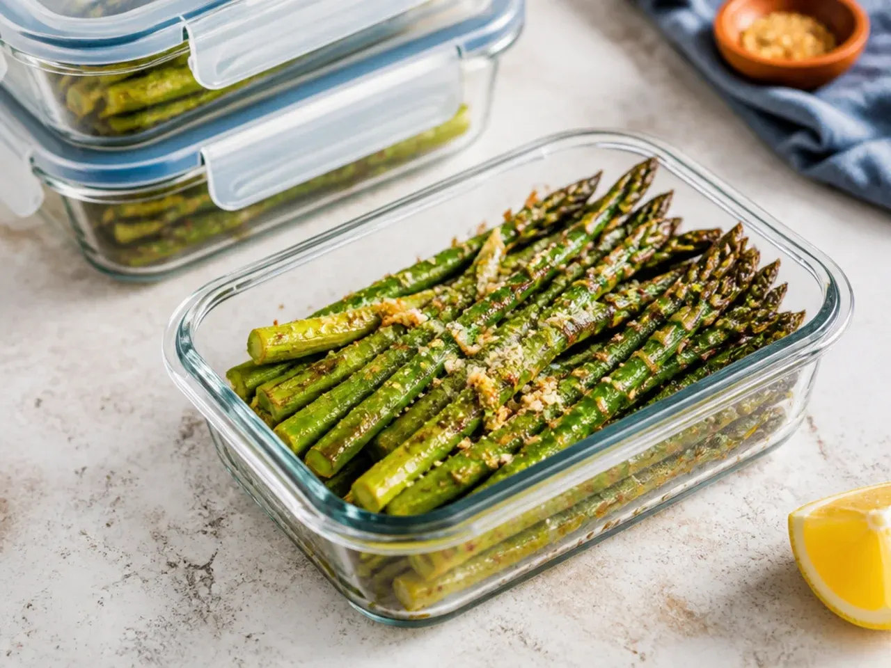 Leftover roasted asparagus stored in a glass airtight container