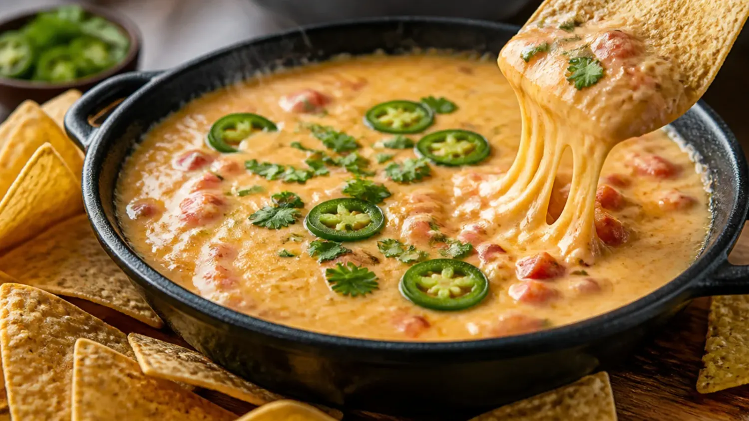 A bowl of melted rotel cheese dip velveeta topped with fresh coriander and jalapeño slices, served with tortilla chips