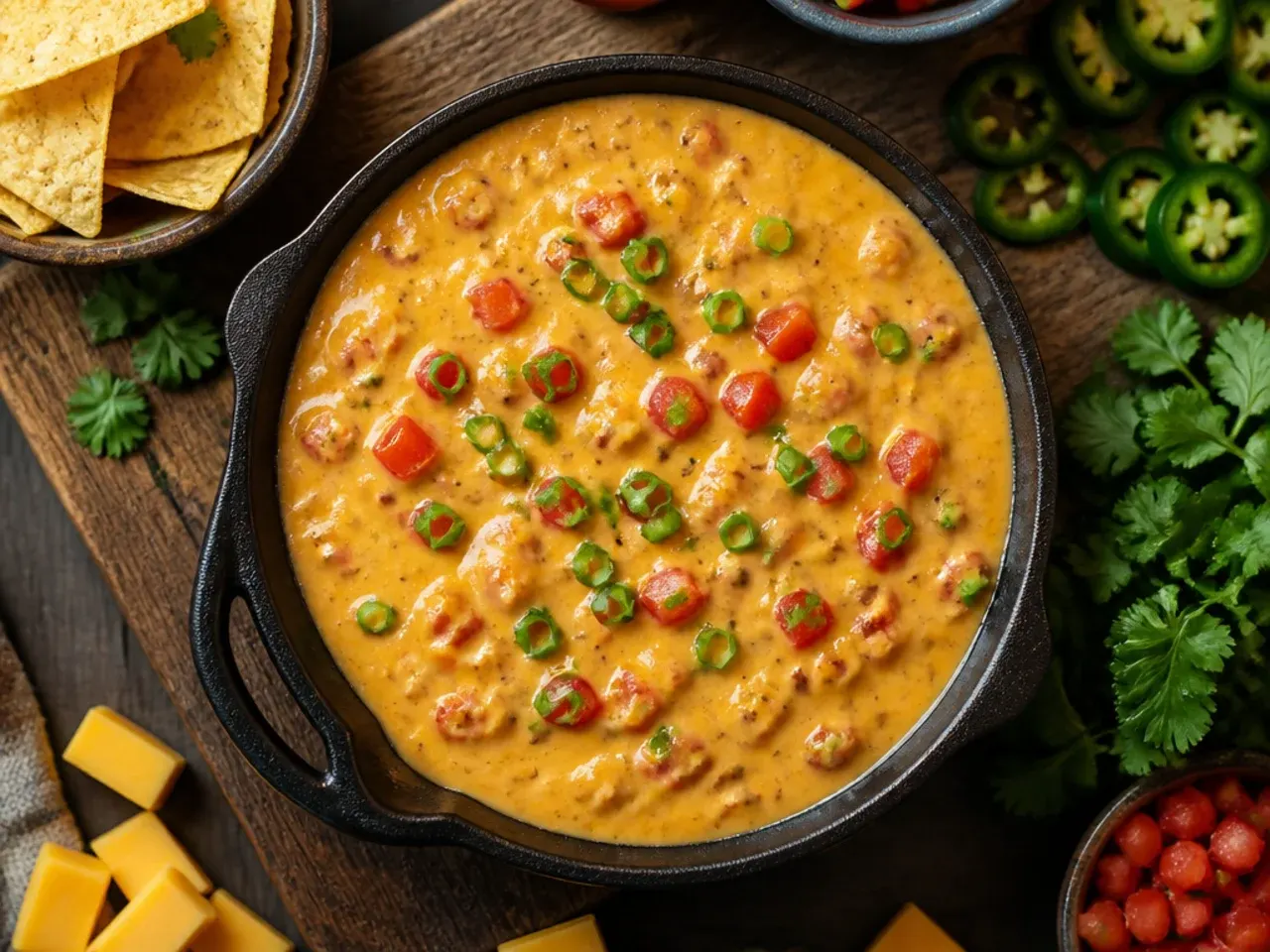 Cubed Velveeta cheese melting in a saucepan with diced tomatoes and green chillies