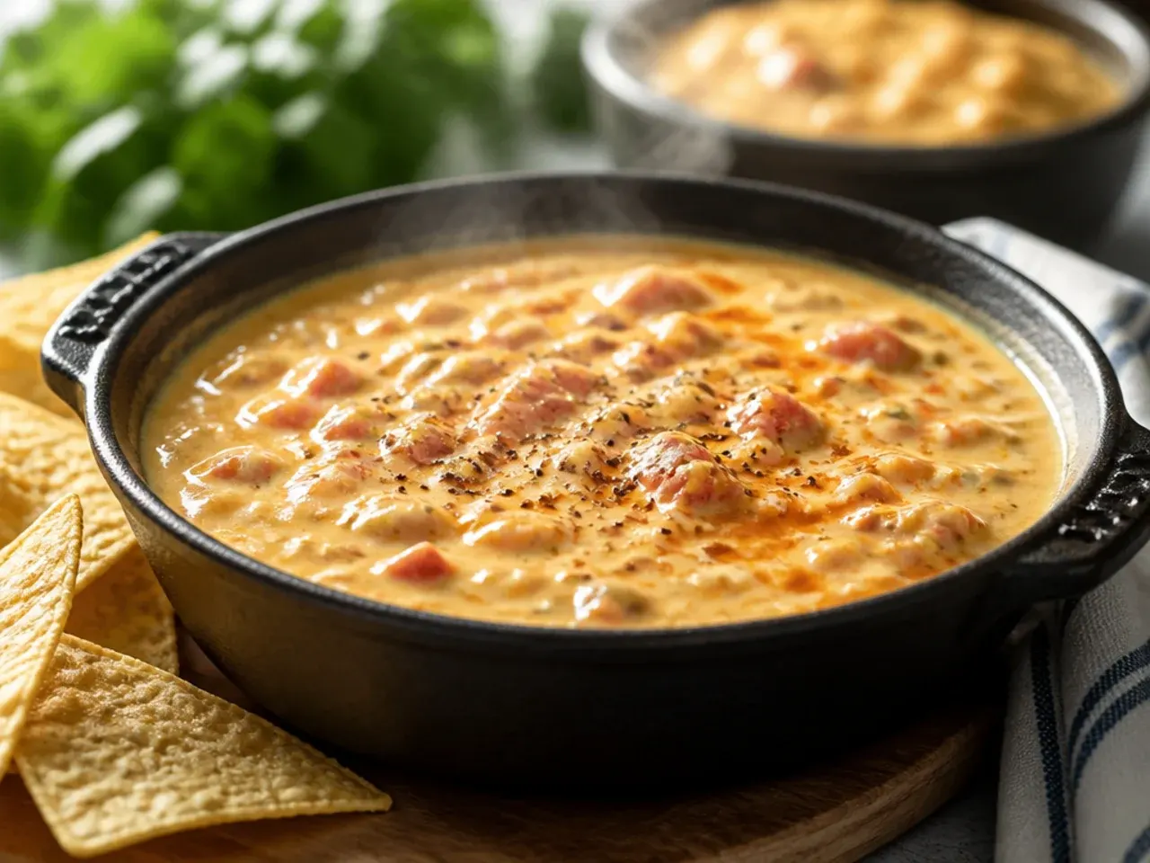 A microwave-safe bowl of melted rotel cheese dip velveeta with a spoon stirring it smooth