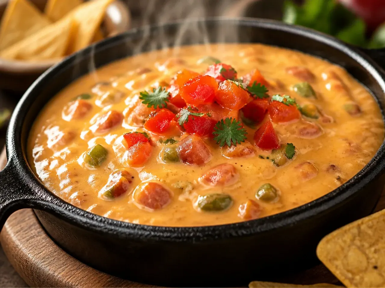 A slow cooker filled with warm rotel cheese dip velveeta on its keep-warm setting