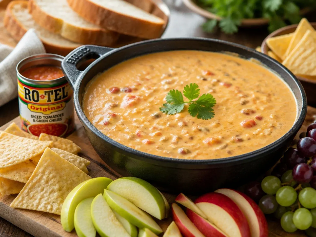 A wooden spoon stirring smooth rotel cheese dip velveeta in a saucepan on the hob
