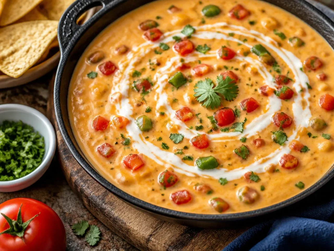 Rotel cheese dip velveeta loaded with browned ground beef and onions in a serving bowl