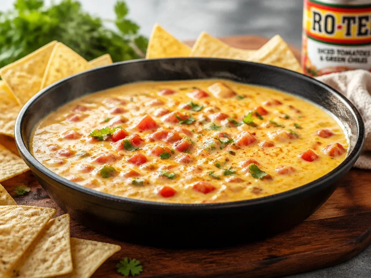 Shredded cheddar cheese being folded into melted rotel cheese dip velveeta