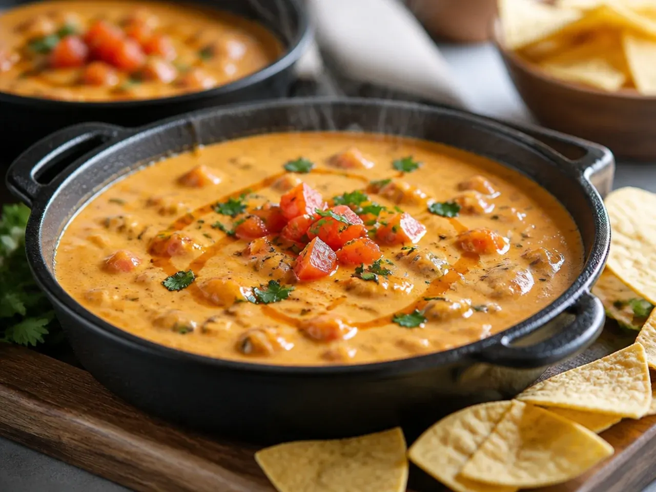 A large slow cooker of rotel cheese dip velveeta surrounded by tortilla chips for a party