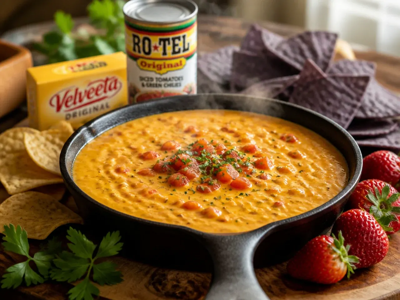 A family-friendly mild rotel cheese dip velveeta served with tortilla chips and no visible chilli
