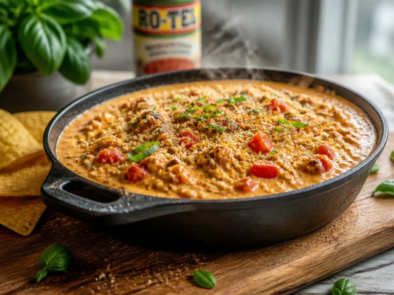 A festive bowl of rotel cheese dip velveeta garnished with red pepper and coriander for the holidays