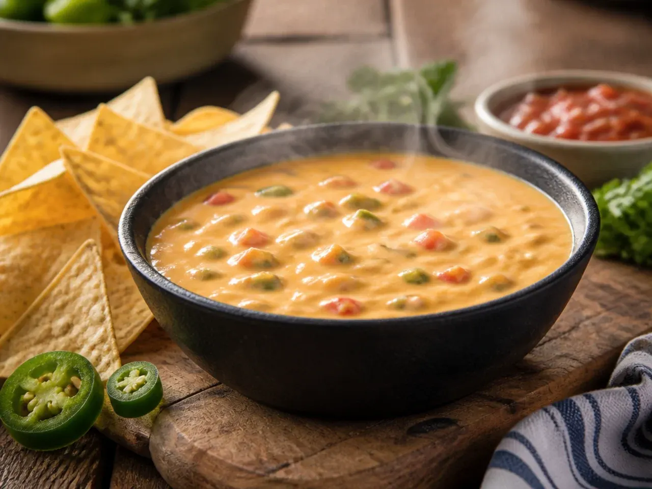 Rotel cheese dip velveeta served in a bowl surrounded by tortilla chips, nachos and jalapeño slices