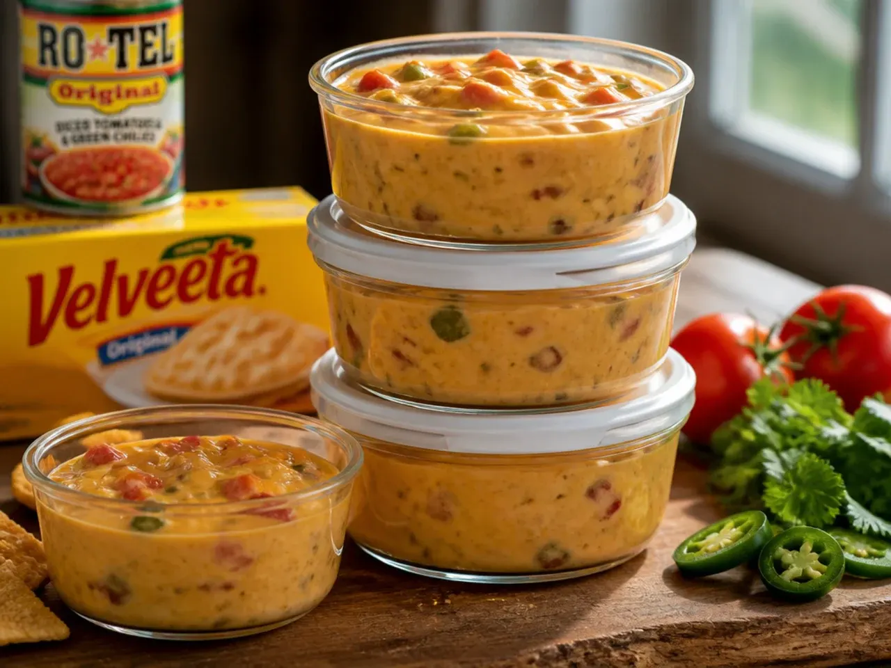 A container of leftover rotel cheese dip velveeta being reheated in a saucepan with a splash of milk