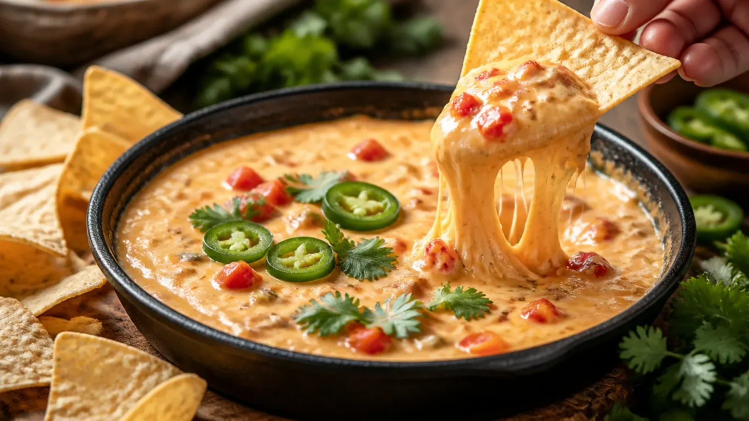 A bowl of creamy rotel cheese dip studded with tomatoes and green chillies, served with tortilla chips