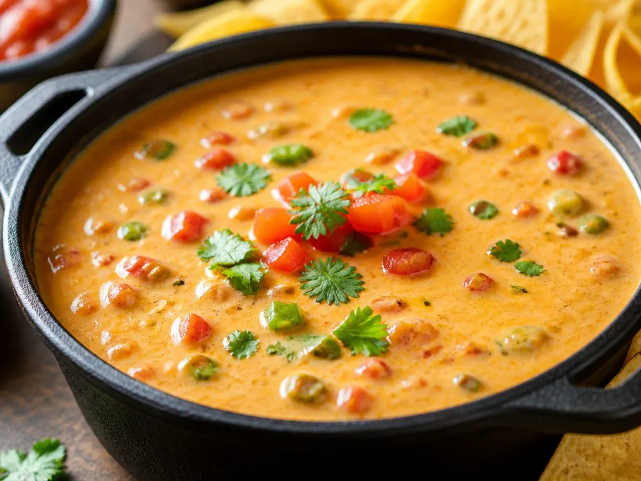 Overhead shot of a party spread with a warm bowl of rotel cheese dip surrounded by tortilla chips and vegetable sticks